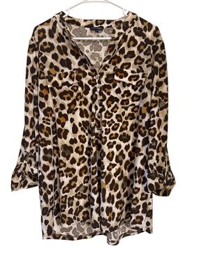 Ava & Grace Cheetah Print Utility Blouse XL Roll Tab Sleeves Pockets